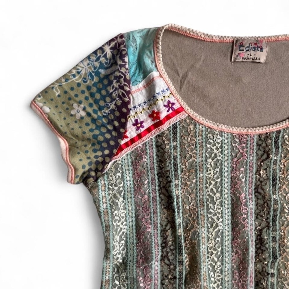 Vintage Edista patchwork lace overlay tee size L 90s fairycore cottagecore boho - Picture 3 of 7